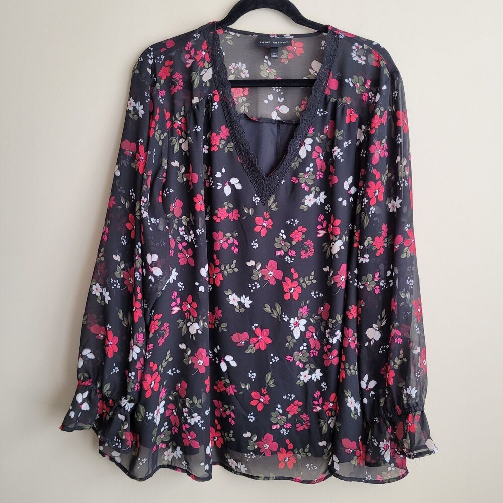 Lane Bryant Womens Blouse Plus Size 26 Black Dark Floral Print Long Sleeve Lined